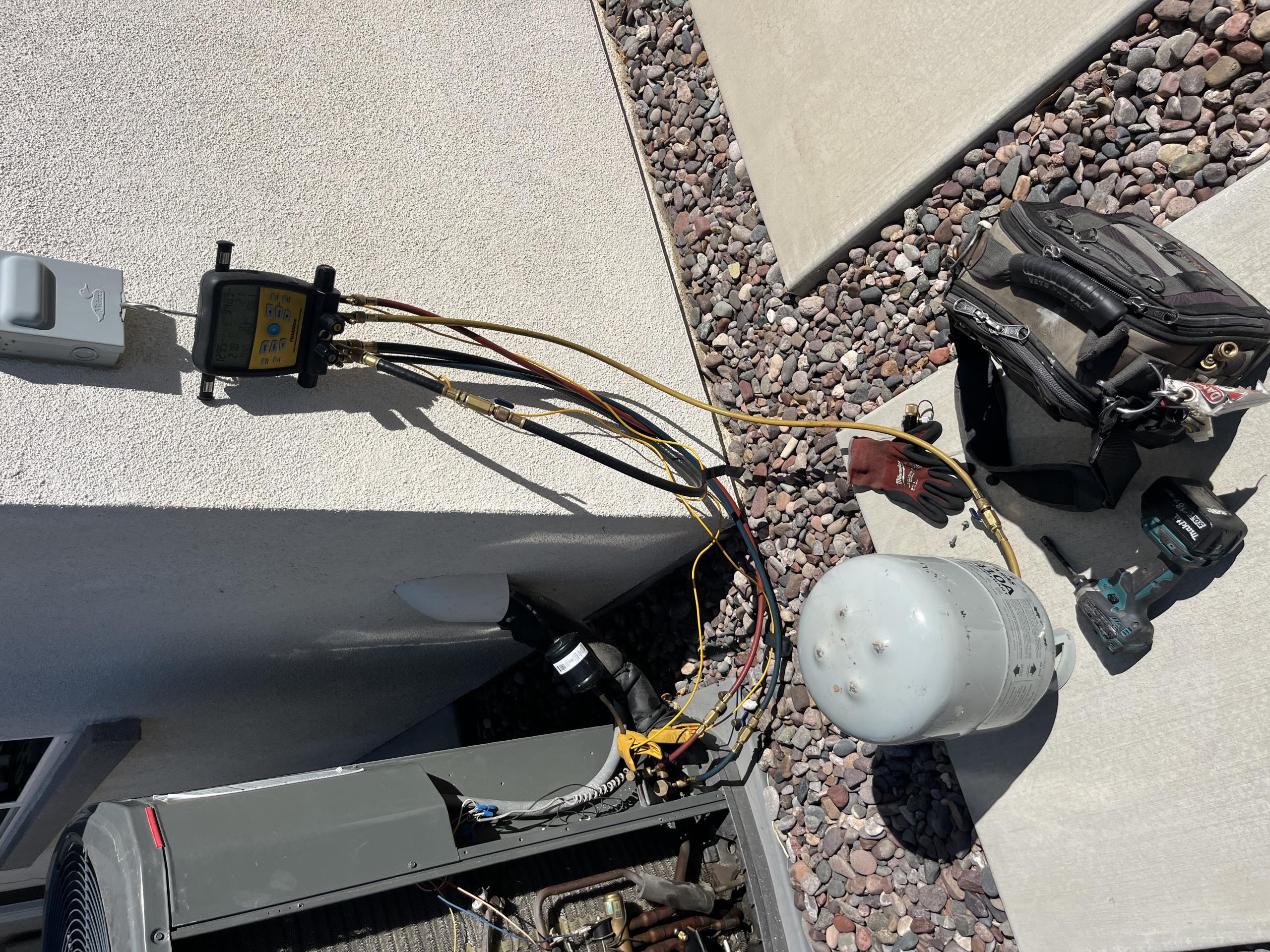 I was called to a home to replace a leaking schrader core in a central air conditioning system. Upon arrival, I used a valve core removal tool to remove the old core and install a new one. I cycled the cooling system at the thermostat to ensure it was functioning properly. I then checked the new core to verify it was not leaking. Next, I installed a new brass refrigerant cap with an o-ring inside to prevent leaking. I recharged the system back to manufacturer specifications, which included 8 degrees of subcooling. I tested the starting components and performed amp draws on all motors. I checked the updated refrigerant levels and pressures and recorded the temperature splits. The system is now functioning properly.