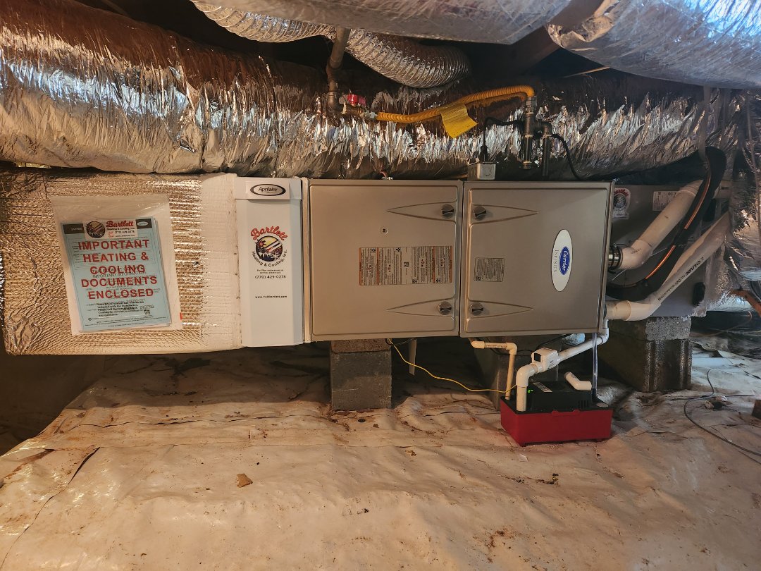 Smyrna, GA - Installed new Carrier 16 seer condenser with Carrier 2stage variable speed gas furnace Aprilaire media filter and turned furnace to face the front for servicing 