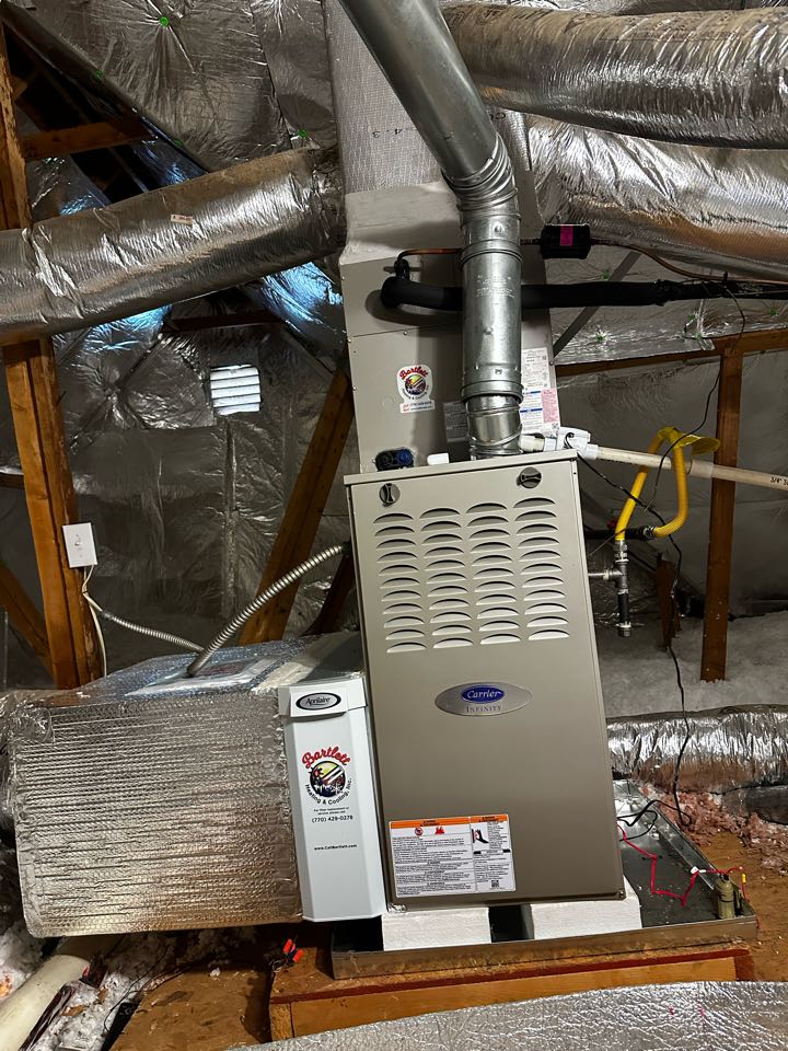 Marietta, GA - Installed new AC with matching evaporator coil. Flushed line set, drain line. Mastic sealed plenums. AC is cooling as required.