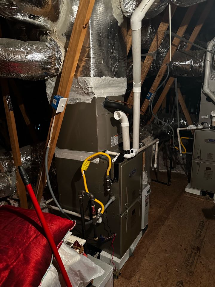 Marietta, GA - Installed two new carrier infinity 90 percent furnaces, and two carrier air conditioners with matching evaporator coils. Systems serve the upstairs and main floor of the home. Installed pan overflow safeties and in-line float switches. Charged system with 410a refrigerant and checked pressures. Fired up both systems in heat to ensure they are ready when it gets cool outside. Systems are both working as needed. 