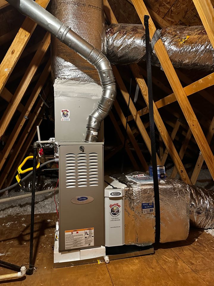 Marietta, GA - Installed new full carrier infinity system with the infinity My Touch thermostat. Installed new Aprilaire 1410 filter rack. Replaced both return and supply plenums. Upsized return duct to tenant room from 10 to 12 inch. Moved I wave over from old furnace to new. Pressure tested and charged with 410A refrigerant. Fired up in heat. Checked drainage and safety’s. System is working as needed. 