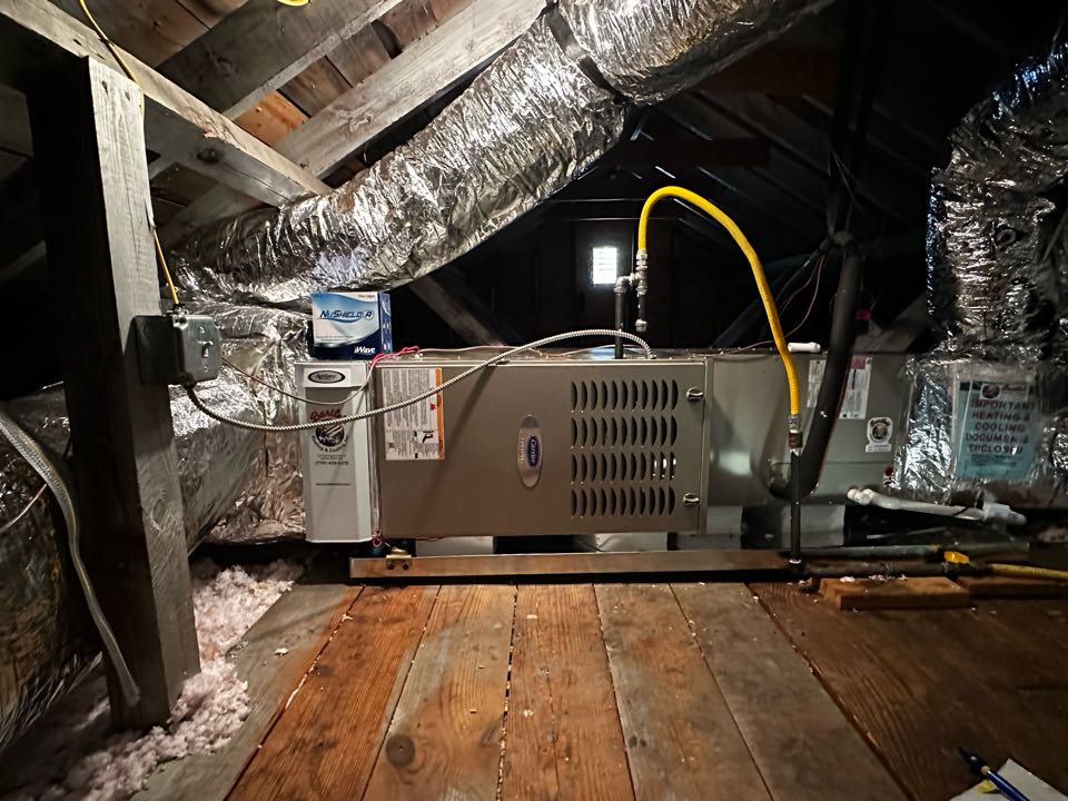Marietta, GA - Replaced existing 2.5 ton system with full carrier infinity system, with infinity my touch thermostat. Replaced both supply and return plenums. Replaced all duct work, added 2 supplies and 2 returns. Installed new Aprilaire filter rack. Charged system with 410A refrigerant and checked pressures. Return trip needed to complete flue pipe through roof. System is working in cooling as needed. 