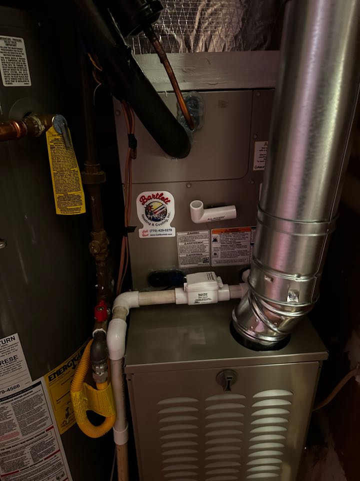 Marietta, GA - Replaced existing cooling system with Carrier comfort series 2.5 ton condenser and matching evaporator coil. Replaced existing furnace with Carrier 80% furnace. Installed new Emerson thermostat. Replaced Flue pipe with double wall. Pressure tested and charged with 410A refrigerant. Checked pressures and Delta T. Fired up heat. System is working as needed. 