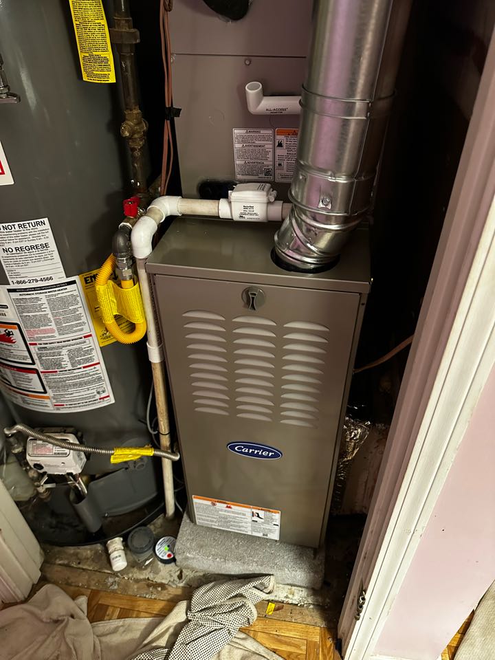 Marietta, GA - Replaced existing cooling system with Carrier comfort series 2.5 ton condenser and matching evaporator coil. Replaced existing furnace with Carrier 80% furnace. Installed new Emerson thermostat. Replaced Flue pipe with double wall. Pressure tested and charged with 410A refrigerant. Checked pressures and Delta T. Fired up heat. System is working as needed. 