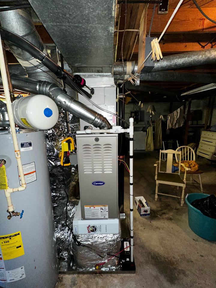 Mableton, GA - Replaced existing mechanical system with new Carrier 2.5 ton air conditioner with matching evaporator coil. New carrier 80% furnace. Replaced return plenum and added Aprilaire filter rack. Ran new double wall flue pipe to water heater and furnace. Charged air conditioner with 410A refrigerant and checked Delta T. Set gas pressures and relit water heater. System is working as needed. Thank you for choosing Bartlett Heating and Cooling. 