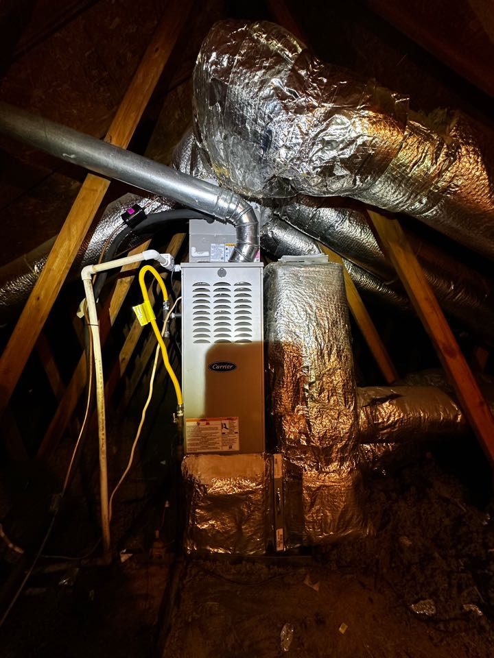 Smyrna, GA - Replaced existing mechanical system with new Carrier performance series 2 ton Puron condenser with matching evaporator coil. New Carrier performance series 80% 45K BTU furnace. Installed new 16X25 filter rack. Installed new Ecobee thermostat. Repaired broken flue pipe. Set gas pressures and checked Delta T in cooling. System is working as needed. Thank you for choosing Bartlett Heating and Cooling. 