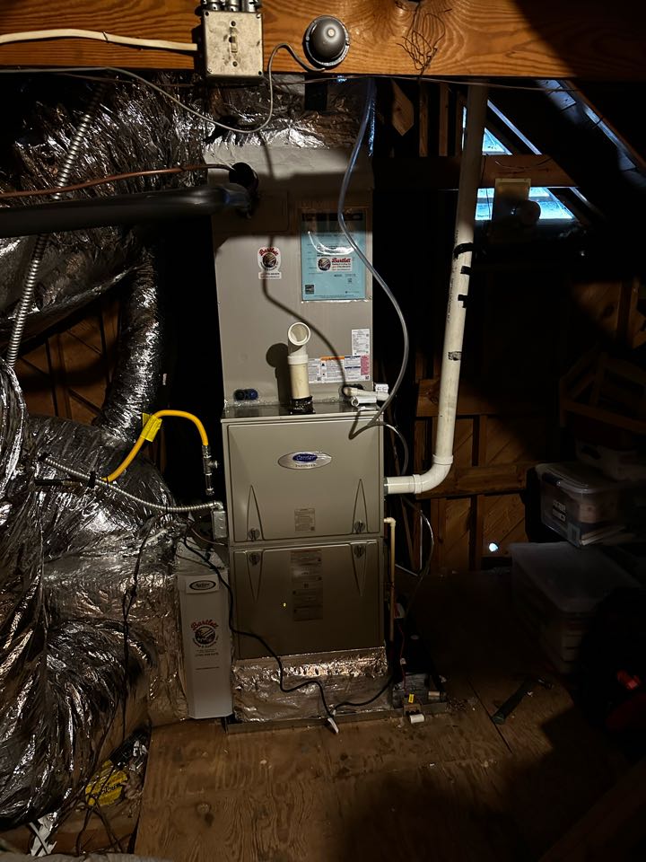 Atlanta, GA - Replaced furnace serving the upstairs system with new Carrier Infinity Green Speed 98% 100k BTU gas furnace. Installed condensate pump and ran drain internally. Tested new furnace. System is working as needed. Thank you for choosing Bartlett Heating and Cooling. 