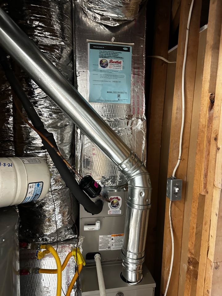 Smyrna, GA - Replaced existing mechanical systems for upstairs and main floor systems. Installed new thermostat and Aprilaire filter rack for both systems. Flue pipe up to code on both systems. Set gas pressures and tested air conditioners. Systems are heating and cooling as needed. Thank you for choosing Bartlett Heating and Cooling. 