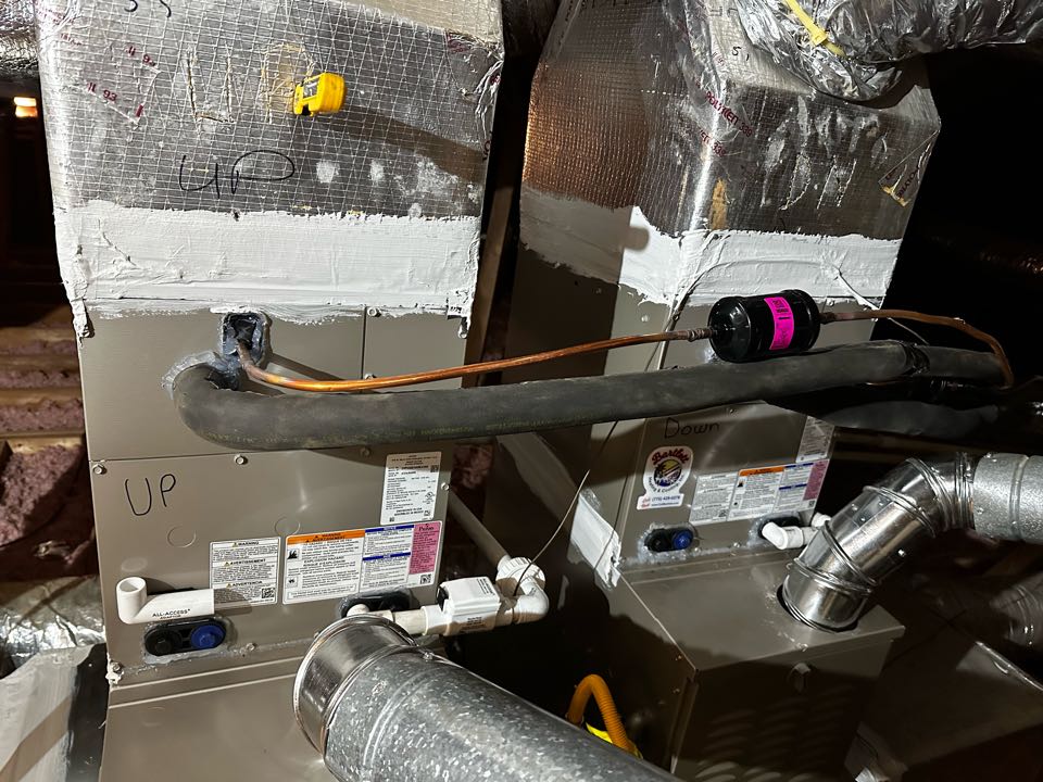 Marietta, GA - Replaced existing mechanical system for upstairs and main floor systems. Installed new Aprilaire filter rack on both systems. Installed Ecobee thermostat for both systems. Set gas pressures and tested air conditioners. Both systems are working as needed. Thank you for choosing Bartlett Heating and Cooling. 