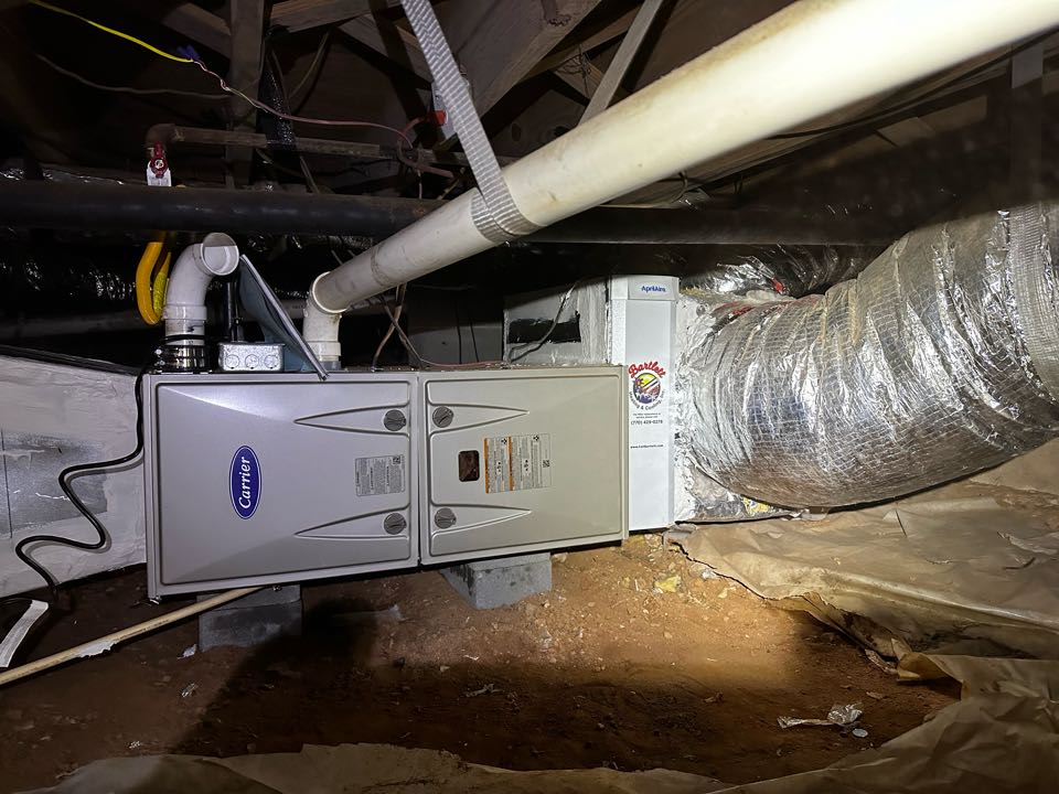 Marietta, GA - Replaced existing furnace with new Carrier 92% 60K BTU Infinity furnace. Replaced condensate pump. Installed Emerson thermostat. Installed Aprilaire filter rack. Rebuilt coil to furnace transition. Set gas pressures and tested air conditioner. System is working as needed. Thank you for choosing Bartlett Heating and Cooling. 