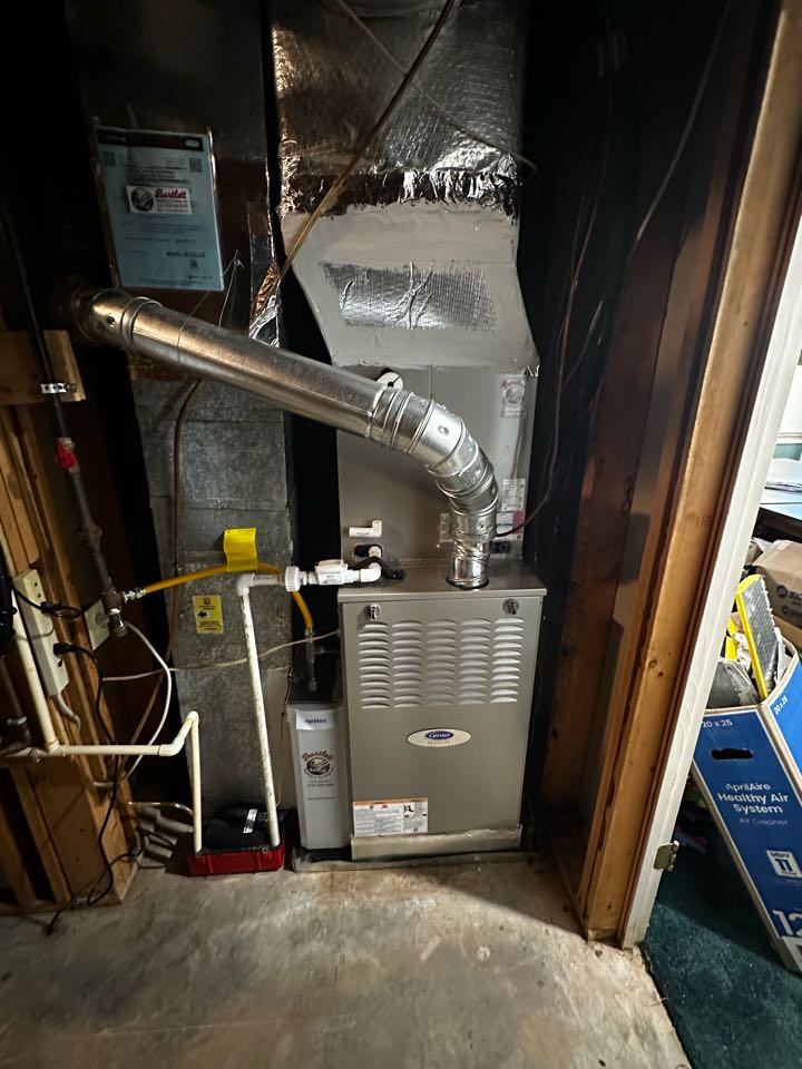 Smyrna, GA - Replaced full mechanical system serving the main floor. Installed new Aprilaire filter rack. Replaced all single wall flue pipe with double wall. Set gas pressures for furnace. We will return Tuesday to install new thermostat and air conditioner due to damaged equipment. System is heating as needed. Thank you for choosing Bartlett Heating and Cooling. 