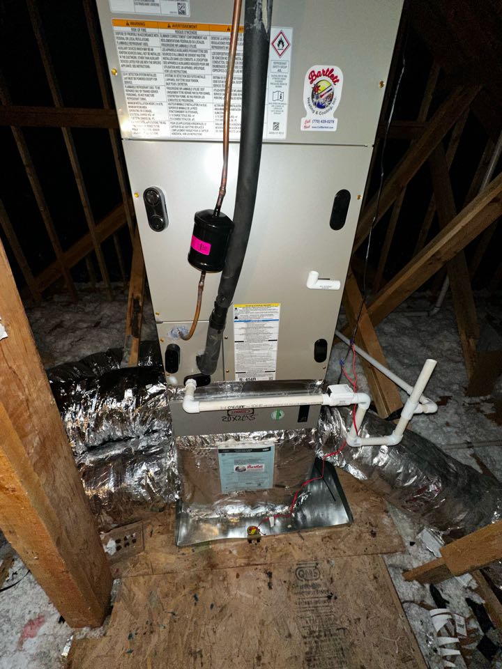 Smyrna, GA - Replaced existing mechanical system serving 2nd and 3rd floors. Replaced support plenum. Installed surge protector on outdoor unit. Installed new Ecobee thermostat. Cut in a 10 inch return.  Pressure tested and charged heat pump. Tested system in heat and cool. System is working as needed. Thank you for choosing Bartlett Heating and Cooling. 