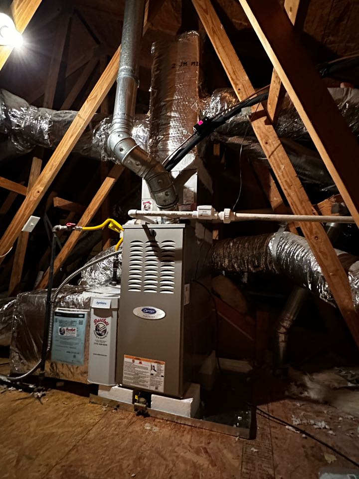 Atlanta, GA - Replaced existing mechanical system serving the upstairs. Replaced thermostat. Replaced supply and return plenum. Installed new Aprilaire filter rack. Set gas pressures. Too cold to charge AC, will have tech return. 
