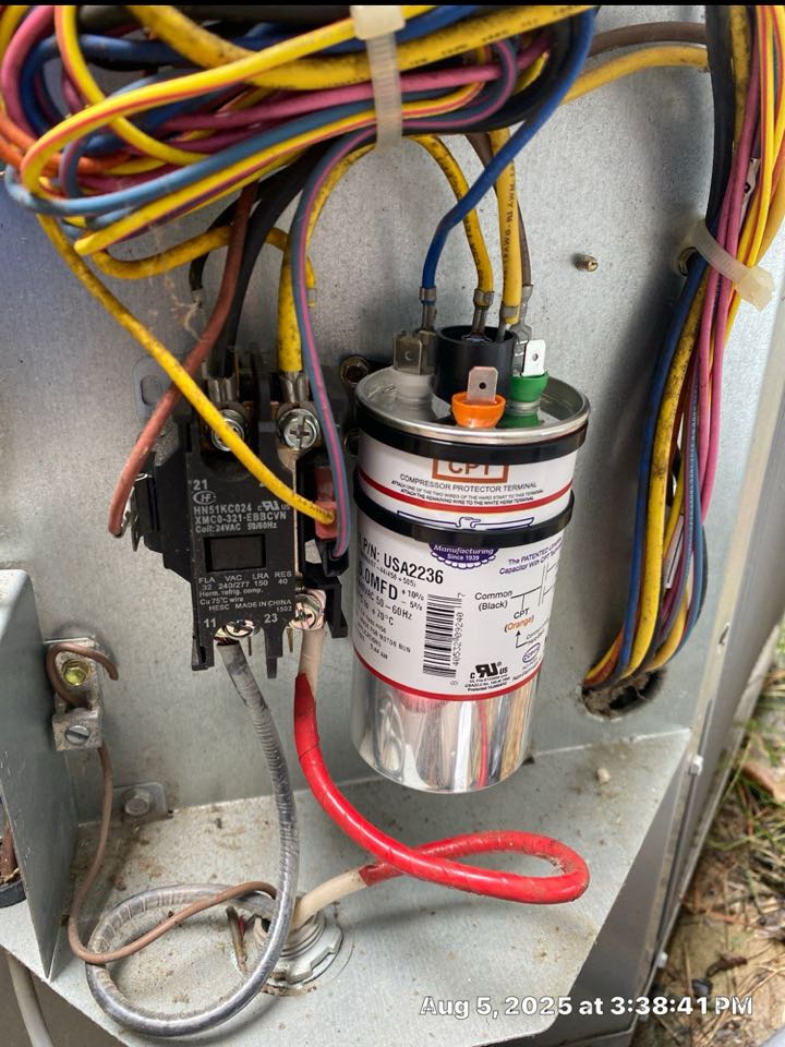 Installed new heat pump capacitor. New drain safety switches in the attic at the air handler.