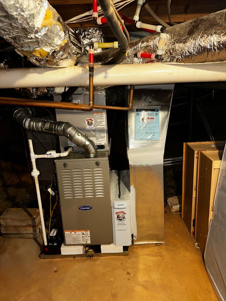 Marietta, GA - Replaced existing mechanical system serving the front of the house. Replaced return and supply plenum. Transitioned to existing duct work. Installed Aprilaire filter cabinet. Set gas pressures and charged air conditioner. System is working as needed. Thank you for choosing Bartlett Heating and Cooling. 