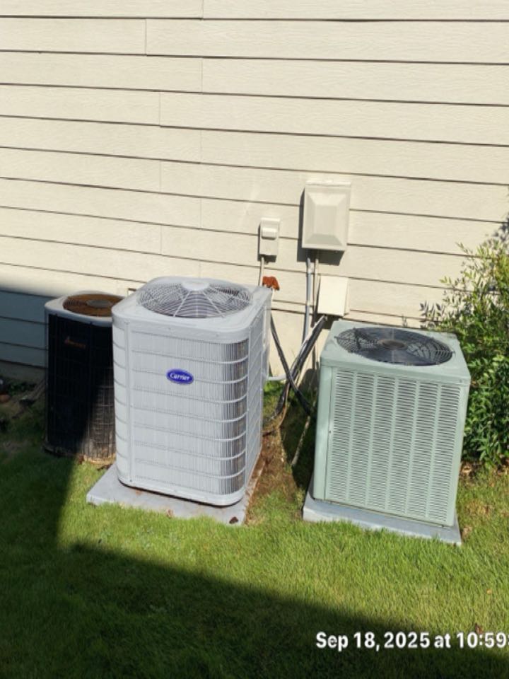 Three system AC maintenance with media filter replacement, chemical condenser coil cleaning and capacitor replacement.