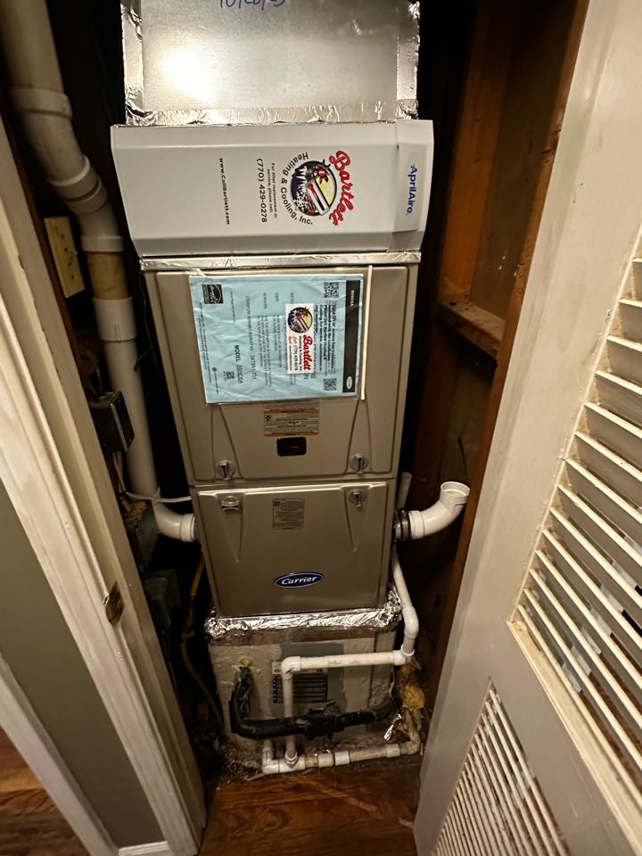 Replaced existing furnace. Installed new Aprilaire filter rack. Installed new thermostat. Set gas pressures and tested air conditioner. System is working as needed. Thank you for choosing Bartlett Heating and Cooling. 