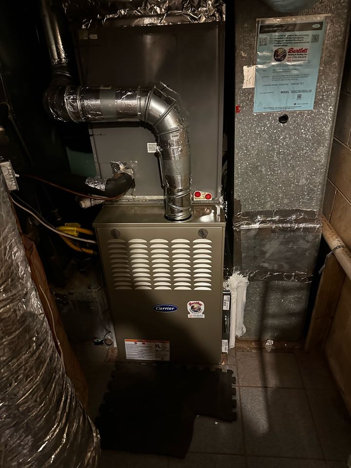 Marietta, GA - Replaced existing furnace. Installed two 16x25x1 filter racks. Replaced thermostat. Installed wet switch. Set gas pressures and tested air conditioner. System is working as needed. Thank you for choosing Bartlett Heating and Cooling. 