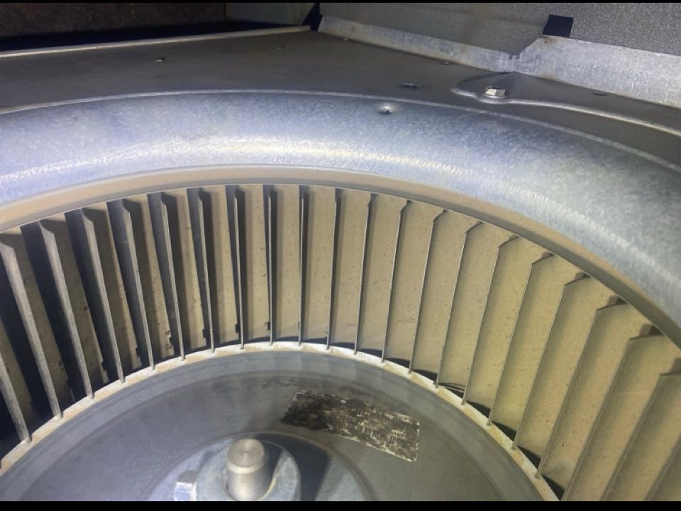 Two stage gas furnace heat maintenance, filter replacement, blower wheel in need of cleaning.