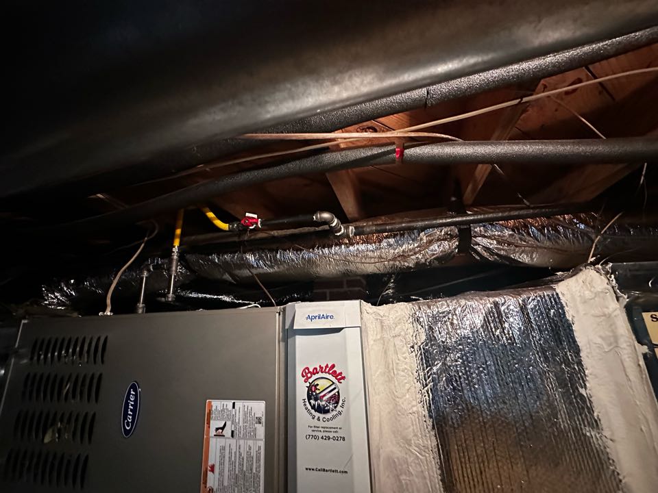 Marietta, GA - Replaced existing furnace for the main floor. Moved gas pipe out of the way of new filter rack. Set gas pressures and tested air conditioner. Installed thermostat on upstairs system. Both systems are working as needed. Thank you for choosing Bartlett Heating and Cooling. 