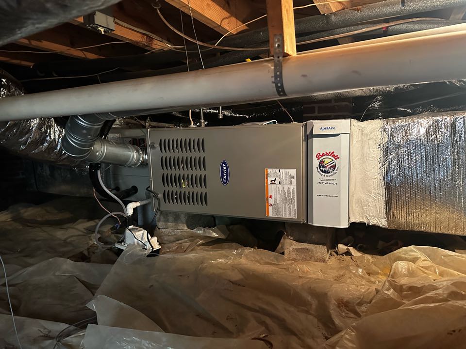 Marietta, GA - Replaced existing furnace for the main floor. Moved gas pipe out of the way of new filter rack. Set gas pressures and tested air conditioner. Installed thermostat on upstairs system. Both systems are working as needed. Thank you for choosing Bartlett Heating and Cooling. 
