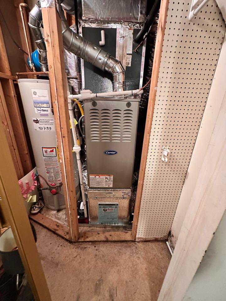 Removed and replaced the existing gas furnace test the heat and the cooling everything is working properly 