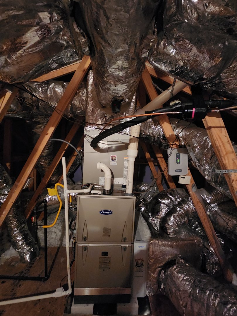 Installed new Carrier High Efficiency 2stage variable speed 90%gas furnace Carrier condenser with 3 Ecobee Wifi Thermostats Aprilaire media filter and Honeywell zone system 