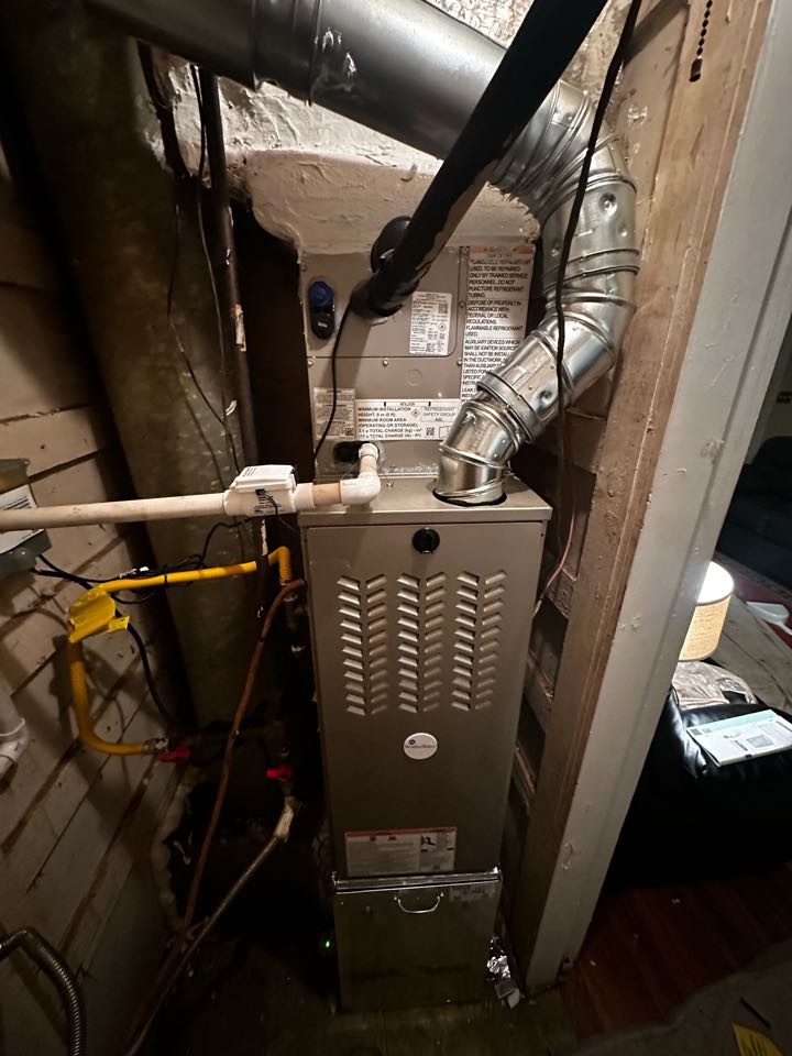 Replaced existing mechanical system. Sealed duct connections. Removed duct tape from return grill. It needs to stay off for system to function properly. Set gas pressures and charged air conditioner. 