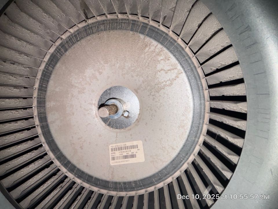 Two system heating maintenance where the blower wheel and housing was impacted. Conducted blower wheel cleaning and verified operation. 