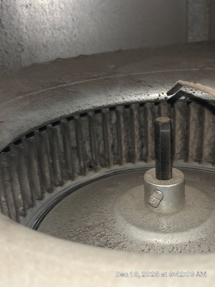 Atlanta, GA - Furnace not heating found blower door panel off of the system and found that the blower wheel is heavily impacted. 