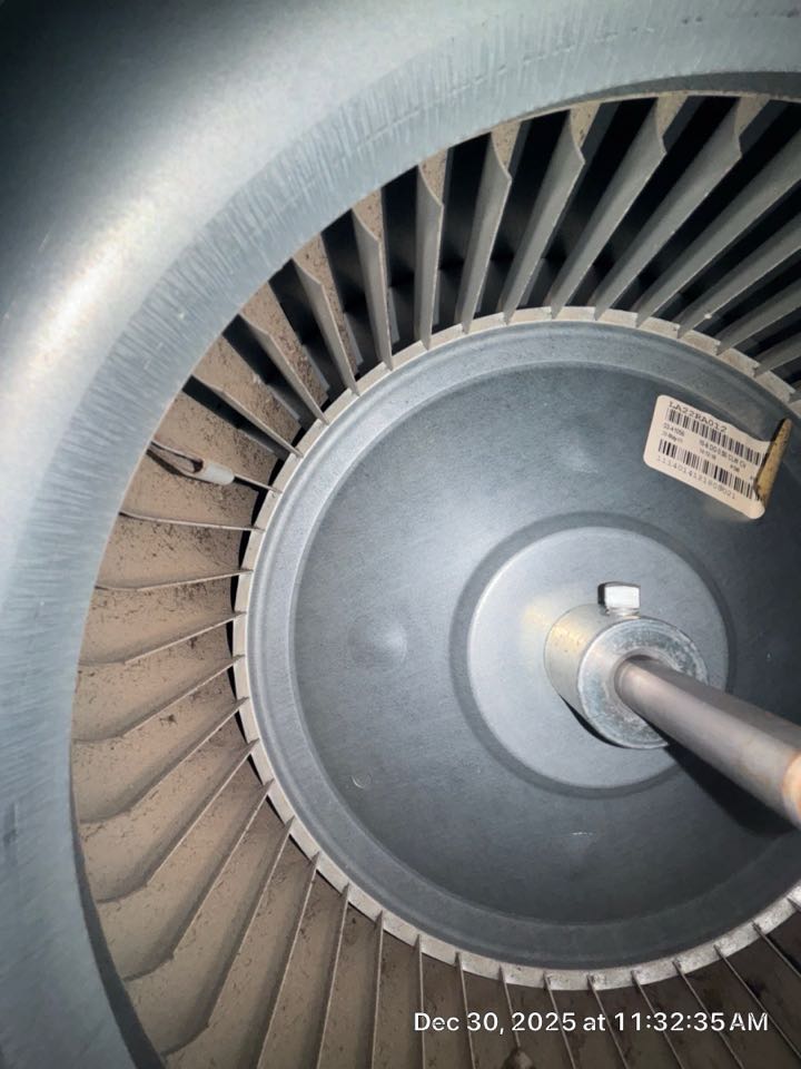 Smyrna, GA - Two system heating maintenance found impacted blower wheel on upstairs level system, as well as biological growth inside of the blower cabinet  quoted customer for cleaning and treatment.