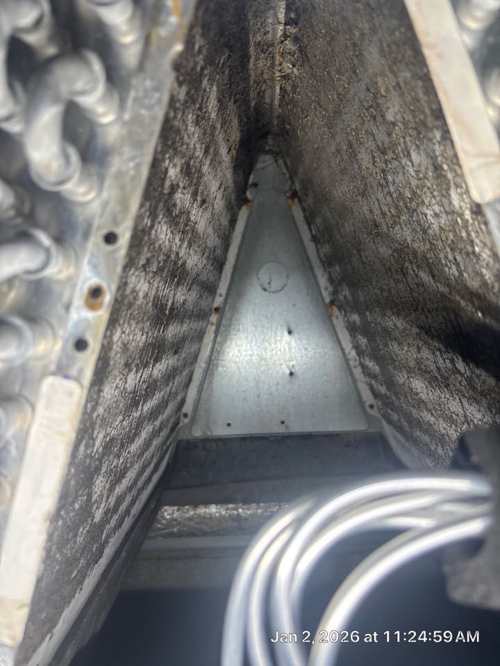 Electric Heat only maintenance on air handler vertical in closet. Found evaporator coil impacted brush coil clean onsite. 