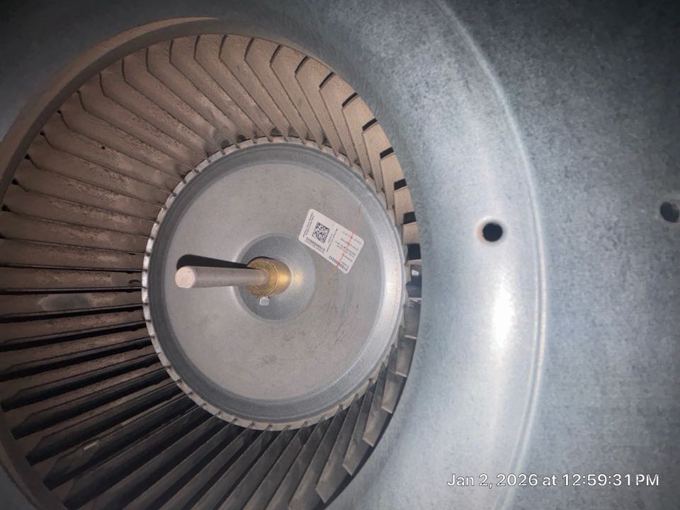 Heating maintenance on gas furnace evaluated system found impacted blower wheel explain to the customer pulled and clean blower wheel assembly on site after getting an approval.