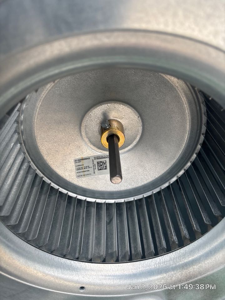 Heating maintenance on gas furnace evaluated system found impacted blower wheel explain to the customer pulled and clean blower wheel assembly on site after getting an approval.
