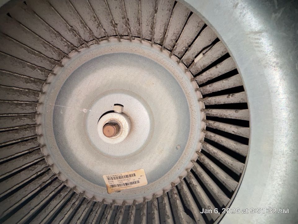 Smyrna, GA - 3 system heating maintenance. Found impacted blower wheel on the upstairs system. 