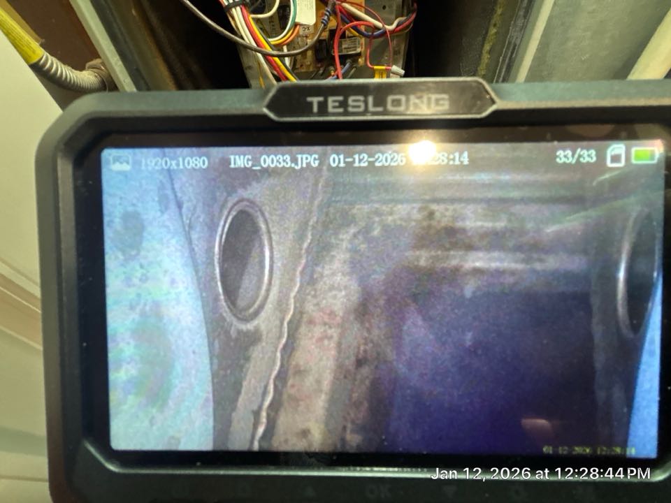 Smyrna, GA - Heating maintenance on gas furnace found impacted blower wheel and some biological growth on primary drain pan. 