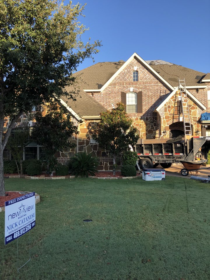 Lewisville, TX - New View Crew working hard on a new GAF roof replacement due to recent wind and hail storms in the Lewisville Tx area. In addition to the roof we are replacing the hail damaged gutters and re staining the fence. All work was approved and paid for by Allstate insurance and the roof includes our lifetime workmanship warranty. Lewisville, TX - New View Crew working hard on a new GAF roof replacement due to recent wind and hail storms in the Lewisville Tx area. In addition to the roof we are replacing the hail damaged gutters and re staining the fence. All work was approved and paid for by Allstate insurance and the roof includes our lifetime workmanship warranty.