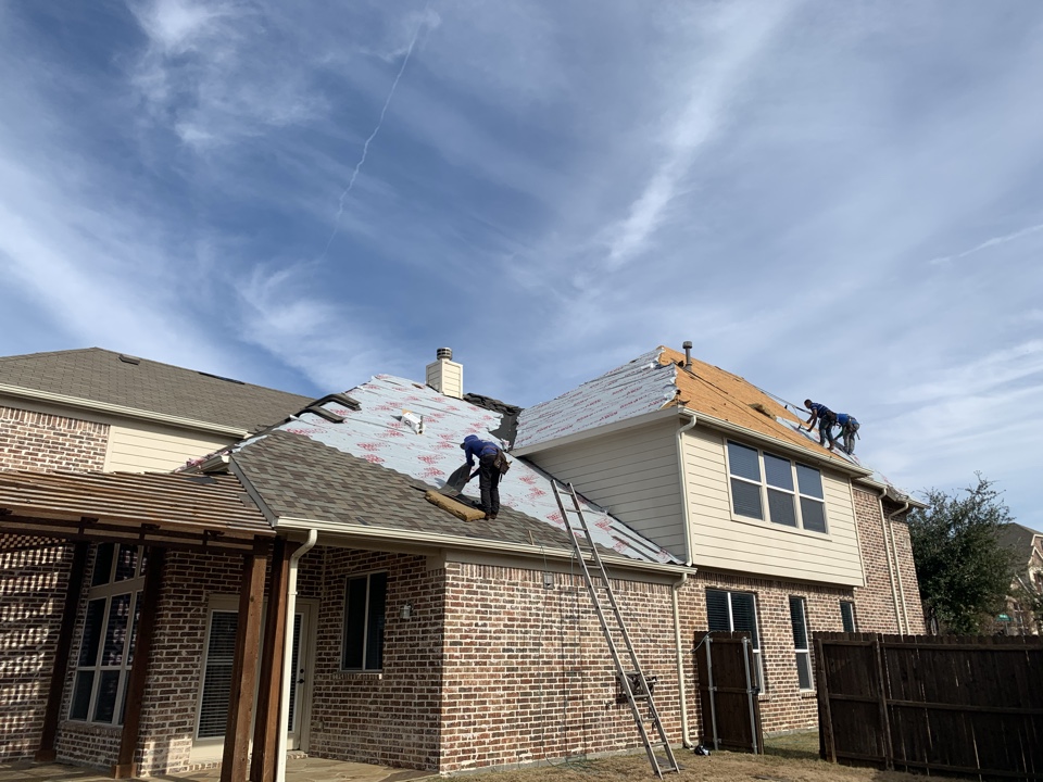 Frisco, TX - We are replacing our customers roof. We are upgrading them from three tab, to 30 year architectural class 3 shingles, Owens Corning TruDefinition Driftwood. We stripped the roof all the way down to the decking, and upgraded them to synthetic underlayment. Frisco, TX - We are replacing our customers roof. We are upgrading them from three tab, to 30 year architectural class 3 shingles, Owens Corning TruDefinition Driftwood. We stripped the roof all the way down to the decking, and upgraded them to synthetic underlayment.