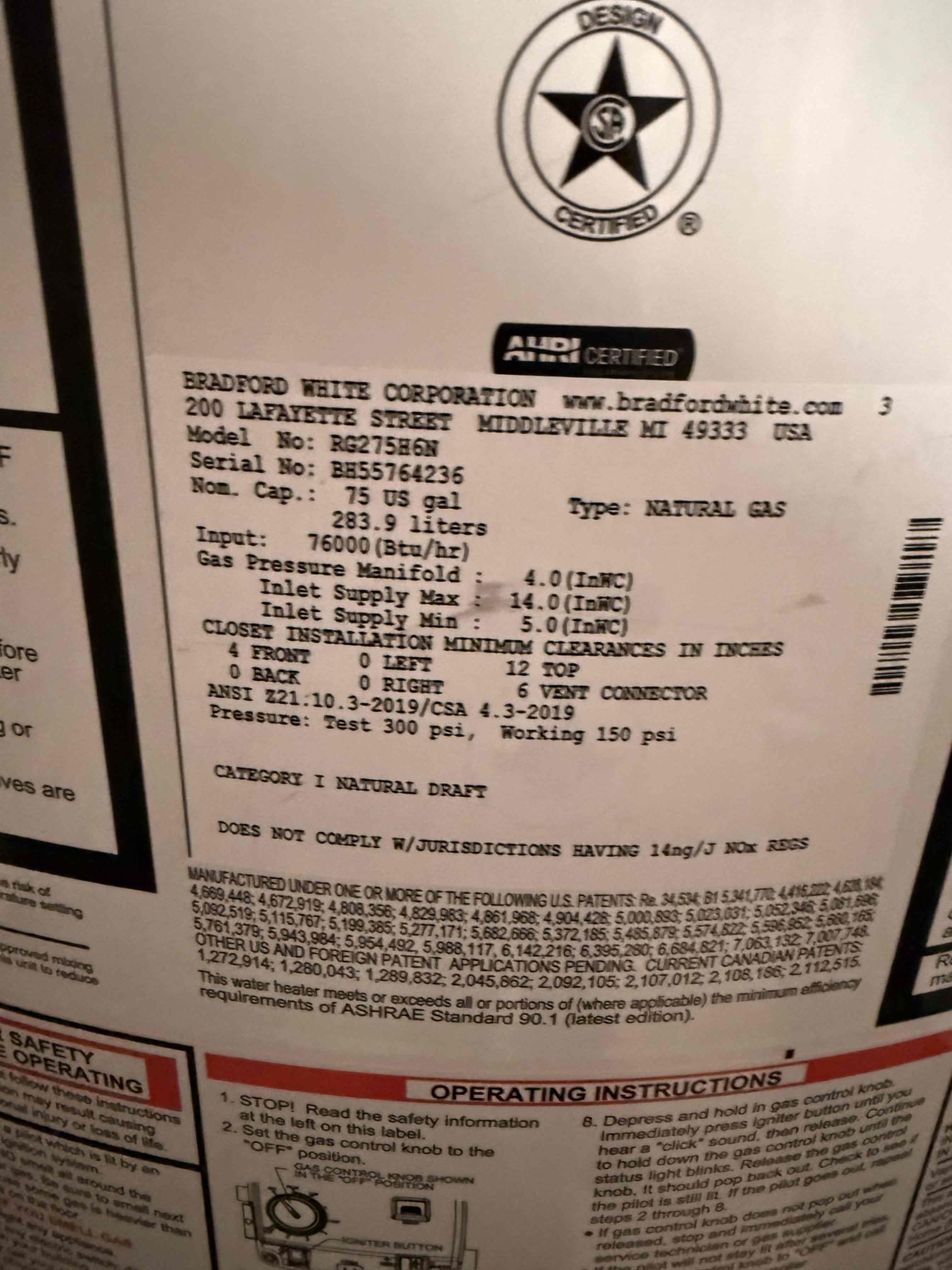 Supplied and installed 75 gallon natural draft water heater. 
Drained and removed existing water from the home.
Supplied and installed new copper piping, fittings and ball valve.
Repiped gas fittings and installed new gas flex.
Tied on to existing flu
Secured all connections, and filled system, purged system of air. 
Checked for leaks, there are no leaks at this time

*permit fees are at home owners cost
*customer is now a member 