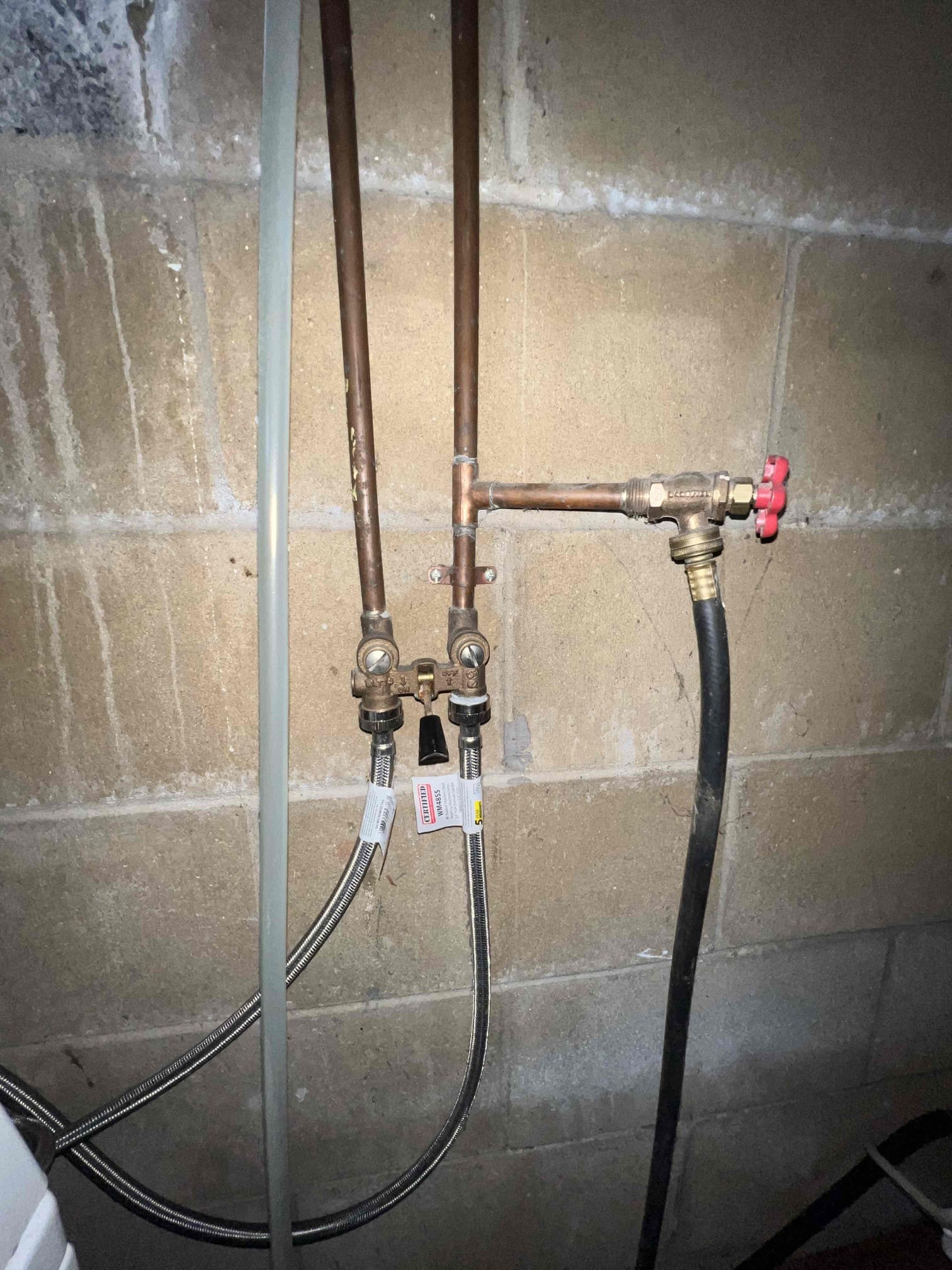 Arrived on site to perform plumbing inspection. Found washing machine single lever valve was dripping. Client said washing machine backs up every once in a while and everything else in the home is draining fine. Offered laundry package as existing drain pipe is 1 1/2 pvc. Would give back washing machine valves with laundry sink package.