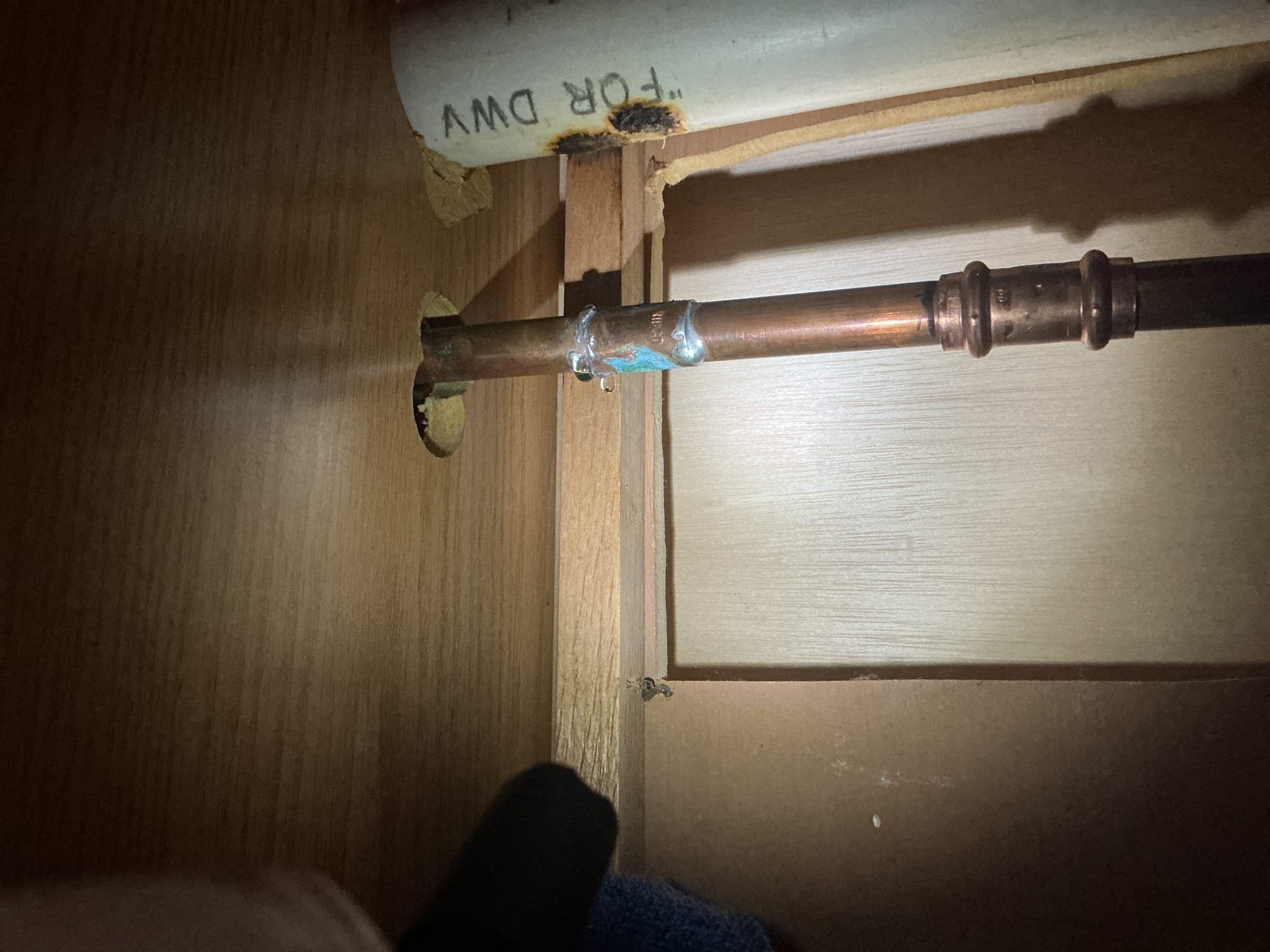 We had recently installed a new hose Bibb for the client, we arrived today because one of the joints under the sink are leaking. After a through evaluation of the system, I discovered that one of the solder joints had a slight drip coming from it. After speaking to the technician on site, they advised me, along with the client, after the install, the gate valve under the sink was turned and hard to reach. The tech then advised me they cut the pipe and rotated the connection. My theory behind the leak is that when they had rotated it, the motion had split the solder joint. I heated up the coupling, added flux and more solder to the coupling and there are no more leaks at this time. I advised to the client that there is no warranty for today, and that if it does leak again I will need to replace the valve for the hose bib and also advised them to have me remove the sharkbite fittings, at an additional cost. Will leave a revised quote for that service if needed.