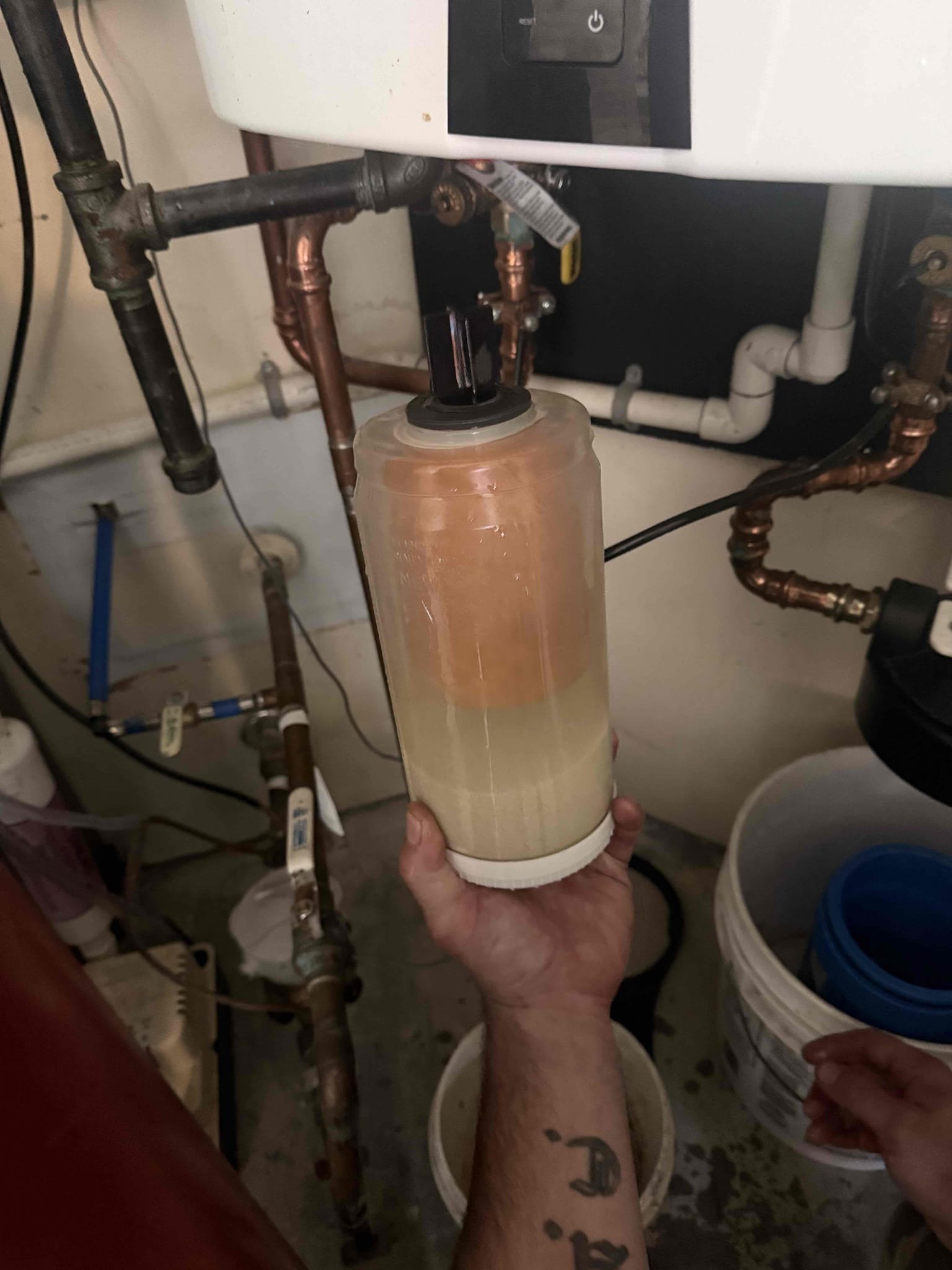 FOUND ON INSPECTION

MASTER BATHROOM 
-replace shower head 
-replace MOEN Posi temp cartridge
-complete rebuild under lav sink to replace shark bite shutoff valves, and replace accordion drain 

HALLWAY BATHROOM 
-toilet did not last dye test, customer would like to replace toilet 

KITCHEN 
-replace hot and cold shutoff valves for faucet

GARAGE 
-replace peak flow filter for Navien. 

Arrived to home to complete work on invoice. MyGuy supplied and installed new toilet, peak flow cartridge, Moen cartridge for shower, Moen shower head, complete rebuild under lav sink, 4 shut off valves and tested for leaks there are none at this time. Customer had capped off 1” line out of the house and could not confirm if plug was black or galvanized. I used a brass adapter and copper cap to be sure and replaced shut off for that line under lav sink with ball valve in case new homeowner wanted it for future use. Customer preferred a pop pop assembly for master sink. Also had to move drainage under ma