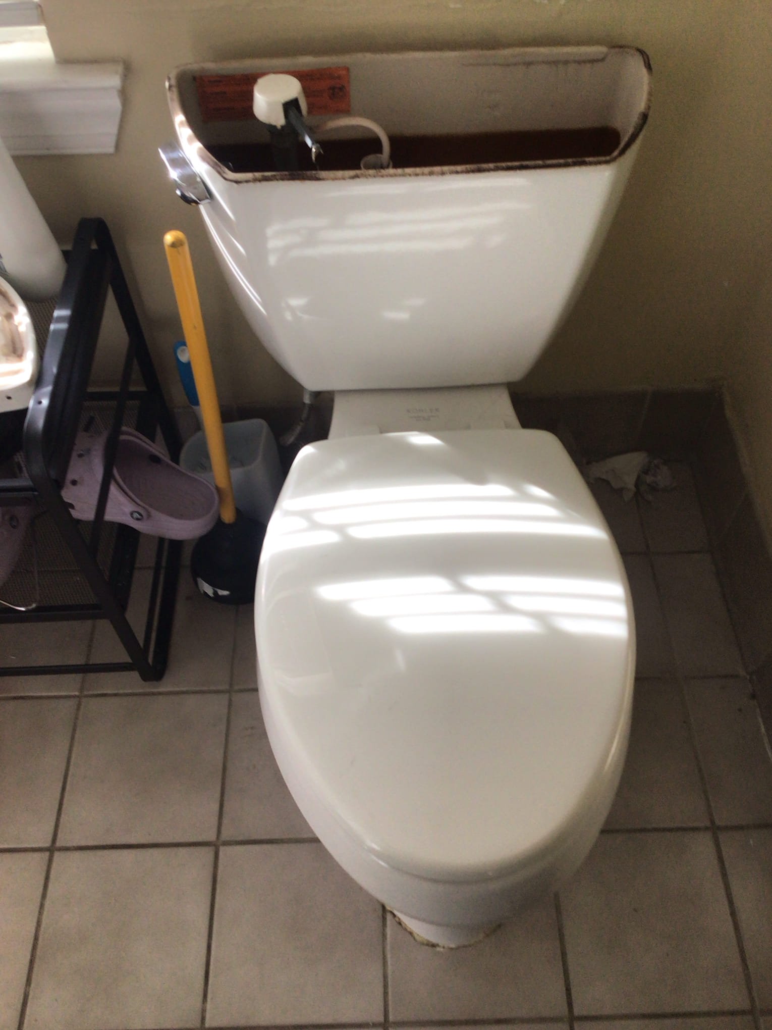 Arrived on site client stated their toilet would not fill with water. Upon inspection when flushing the toilet the chain would get stuck keeping the flapper up and the fill valve constantly running. Toilet guts are old and recommended either minor rebuild or new toilet. Client would like to just replace the old toilet at this time. Installed new toilet with new wax ring, Johnny bolts and supply line. Turned water on to toilet and flushed multiple times to test for leaks. There are no leaks at this time and toilet is flushing as it should.