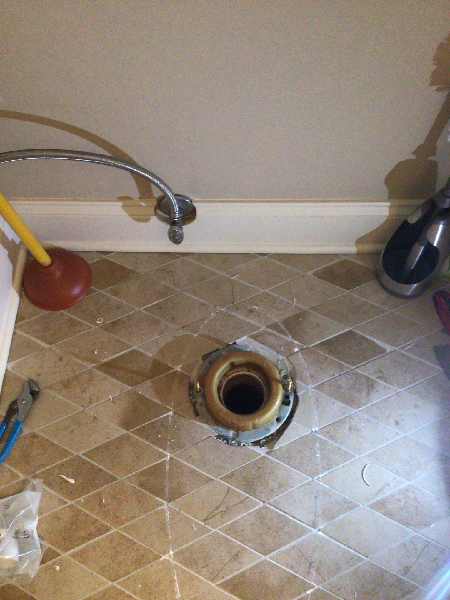 Arrived on site to install new toilet. Removed old toilet and installed new toilet with new wax ring, Johnny bolts, and supply line. Turned water back on and tested for leaks. There are no leaks and toilet is flushing as it should.