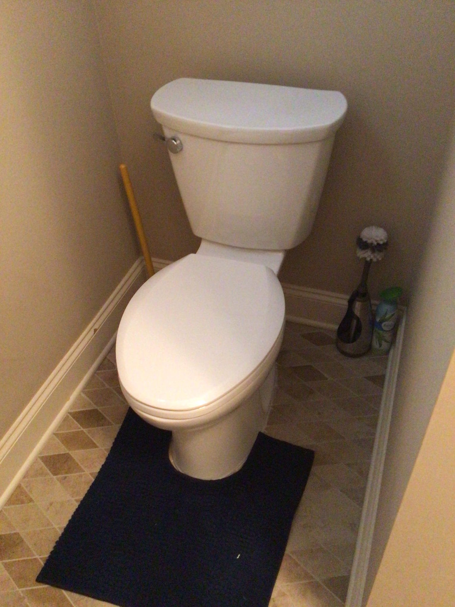 Arrived on site to install new toilet. Removed old toilet and installed new toilet with new wax ring, Johnny bolts, and supply line. Turned water back on and tested for leaks. There are no leaks and toilet is flushing as it should.