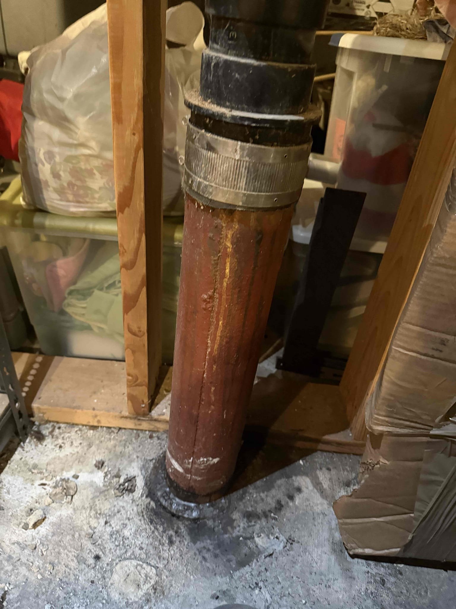 Arrived on site removed leaking section of cast iron and installed new piece of pvc into cast iron hub and used oakem and plastic seal to secure it in place. Installed new check valve trap and stand pipe for washing machine. Tested all work and everything appears to be in working order and there appears to be no leaks at this time. Collected payment.