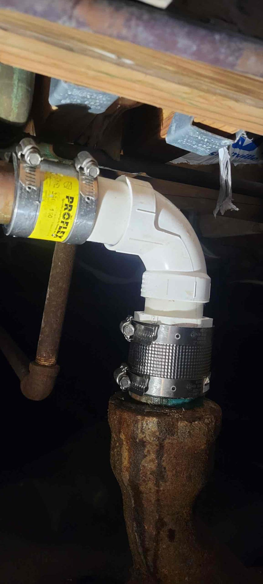 Cut out and removed damaged 1 1/2 copper drain in crawlspace.
Supplied and installed new pvc piping in its place.
Adapted to existing copper drain using no hub couplings.
Secured all my connections and ran fixtures to check for leaks.
There are no leaks at this time.