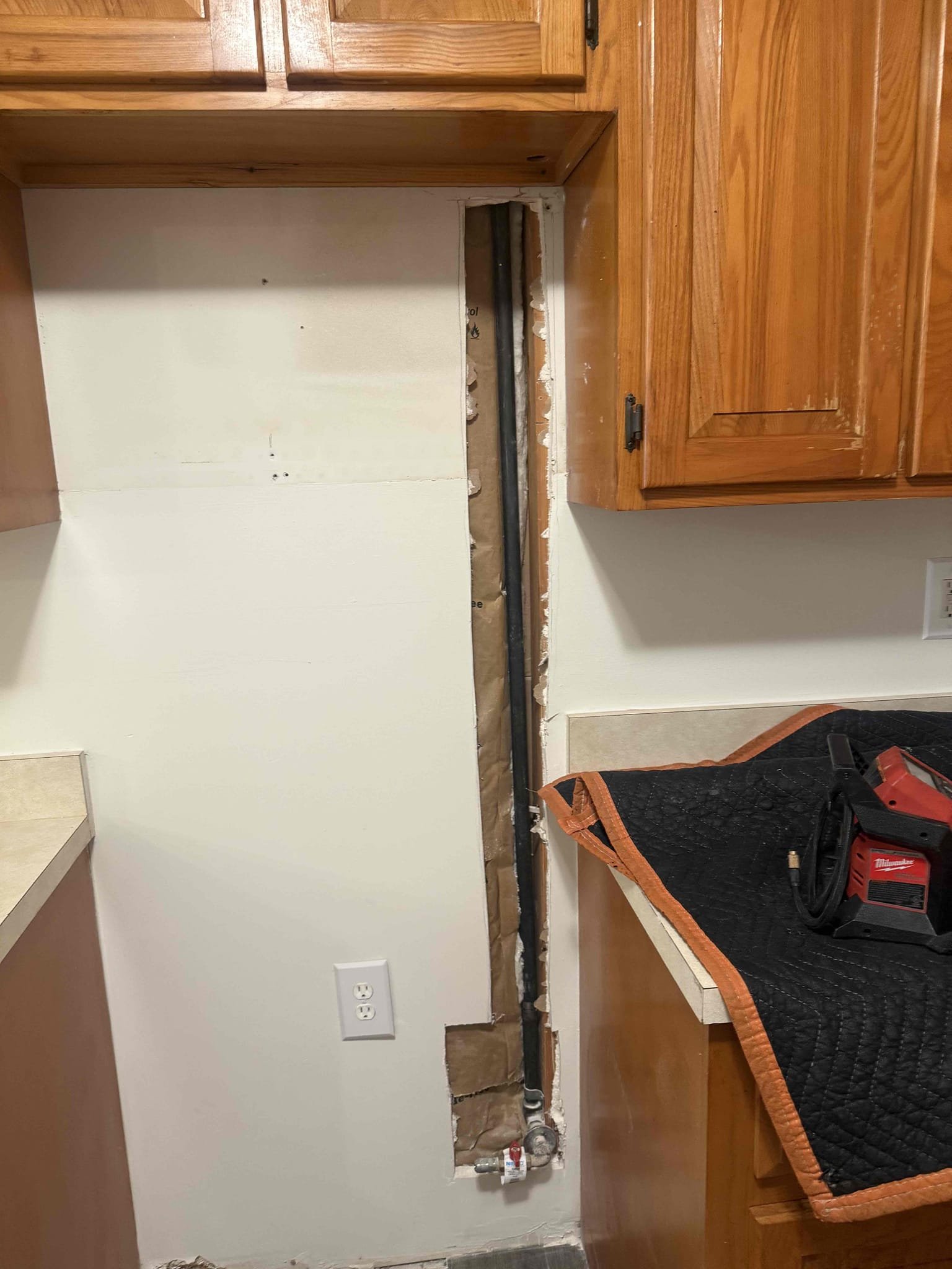 Arrived to unit for gas leak. Upon inspection found that gas company put a lockout on meter. Walls were open at the suspected area. MyGuy pressurized and bubble tested all accessible areas but could not find source of leak. We will call tomorrow to get back on schedule. 
Called pat about space heaters being that the gas is off and there is no heat. He said we did not have to worry about it because pipes are not on outside walls and there was no concern for pipes freezing.