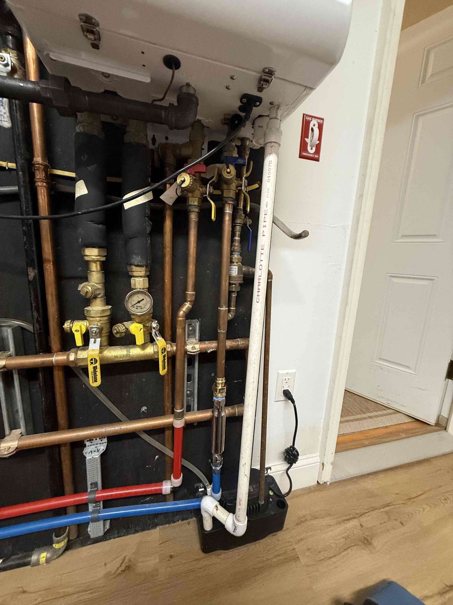 Arrived on site customer stated that the heat was constantly running and they had changed the thermostat. Upon inspection found that the thermostat was installed wrong and they had the white wire in the green terminal. Rewired and everything appears to be in working order. After explaining how the Navien works and servicing customer decided that they would like to move forward with replacing the condensate line and installing a water conditioner along with a new valve for the outside hose spigot. Performed all work stated above and everything appears to be in working order and there appears to be no leaks at this time. Installed customer supplied shower head as a courtesy as well.