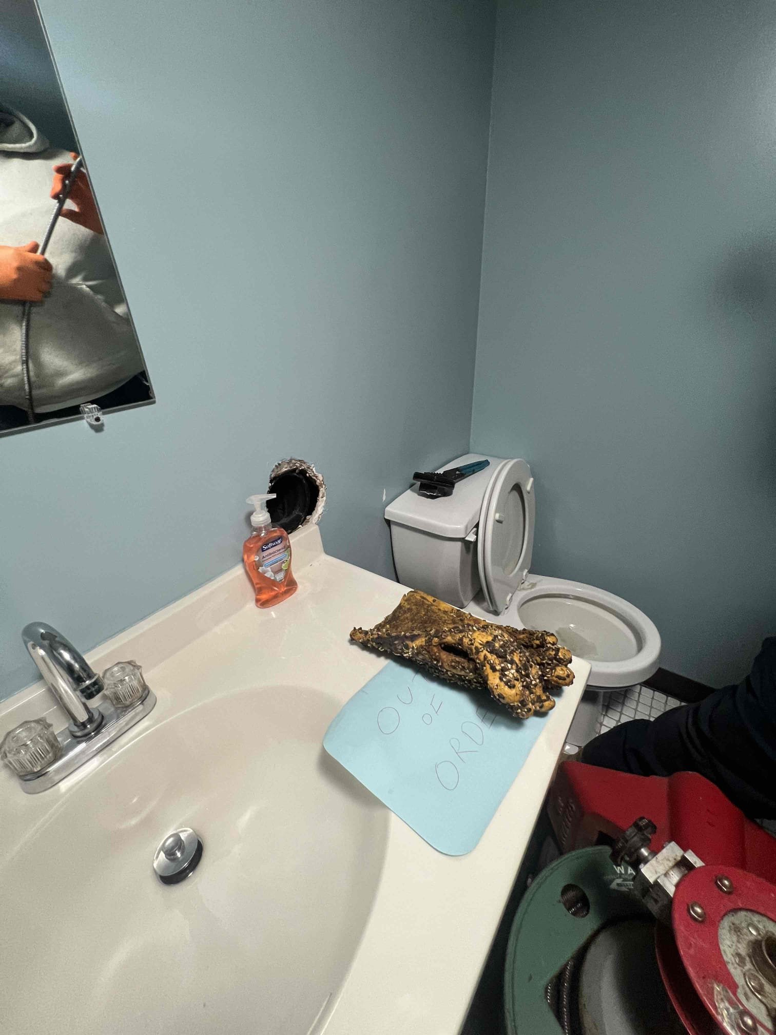 Arrived on site and client stated her downstairs bathroom was clogged. Upon inspection client also has cleanout by the street. Put camera down the line and found massive ball of toilet paper. Snaked main from the cleanout by the street and restored flow. Client can now use water.